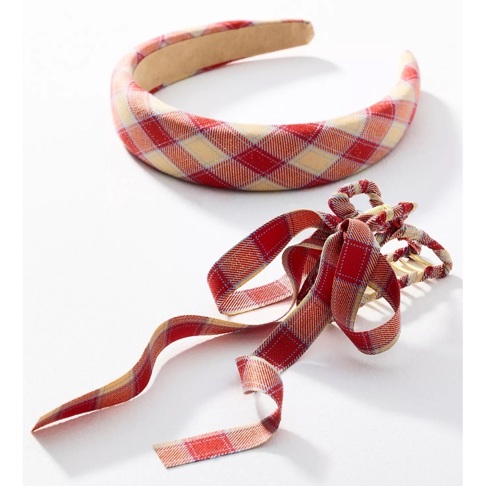 ANTHROPOLOGIE Plaid Headband & Bow Hair Claw Clip Set - Red ($34 Retail, NWT)